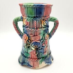 Vintage Japan Ceramic Colorful Vase 5" Basketweave Double Handles Rainbow Floral